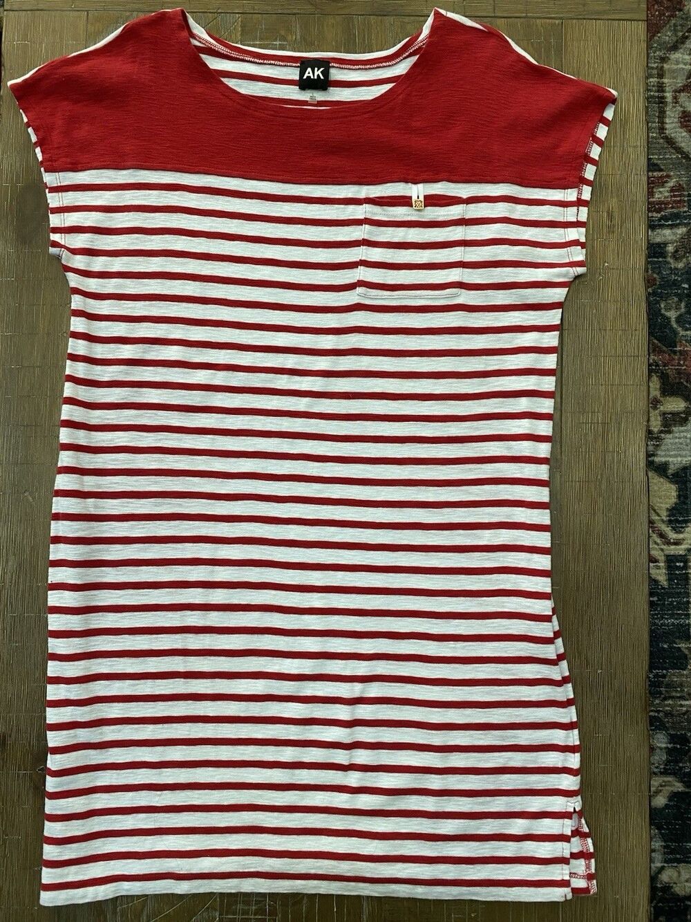 Anne Klein AK Red White Striped T-Shirt Dress Size L Large Pocket Nautical Knit